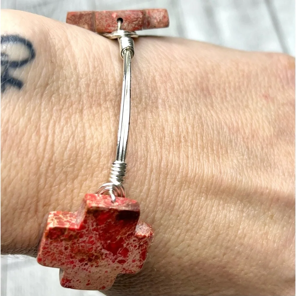 Artisan Stone Gem Bangle Wrist Bracelet Silver Toned Metal Wire Wrapped Handmade - Picture 5 of 10